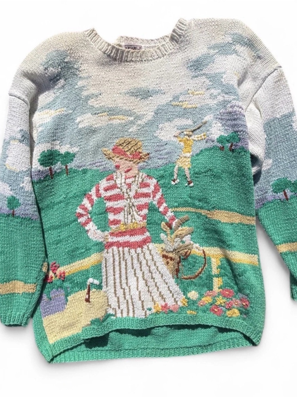 Vintage PBJ Sport Golf Sweater Womens Large Scenic Embroidered Ramie Cotton